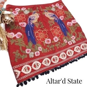 Altar'd State Red Bird Embroidered Floral Poly Skirt Sz S